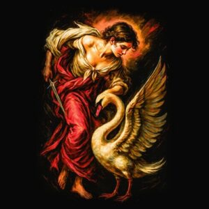 Femme enlacée avec cygne ailé lumineux