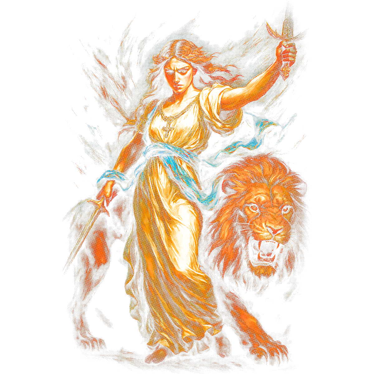 Femme guerrière avec lion majestueux