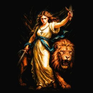 Femme guerrière avec lion majestueux