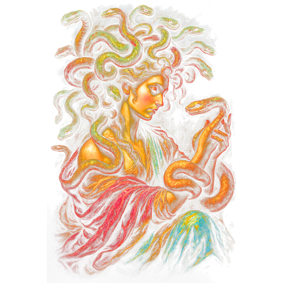 Femme légendaire aux serpents colorés