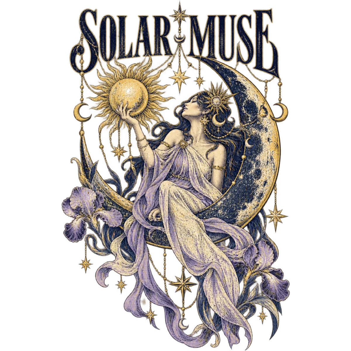Femme mystique soleil lune fleurs étoiles