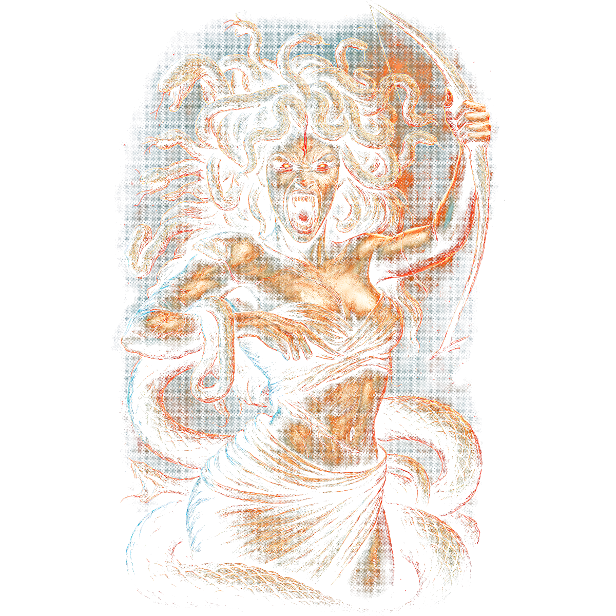 Femme mythologique serpent cheveux armes hurlante