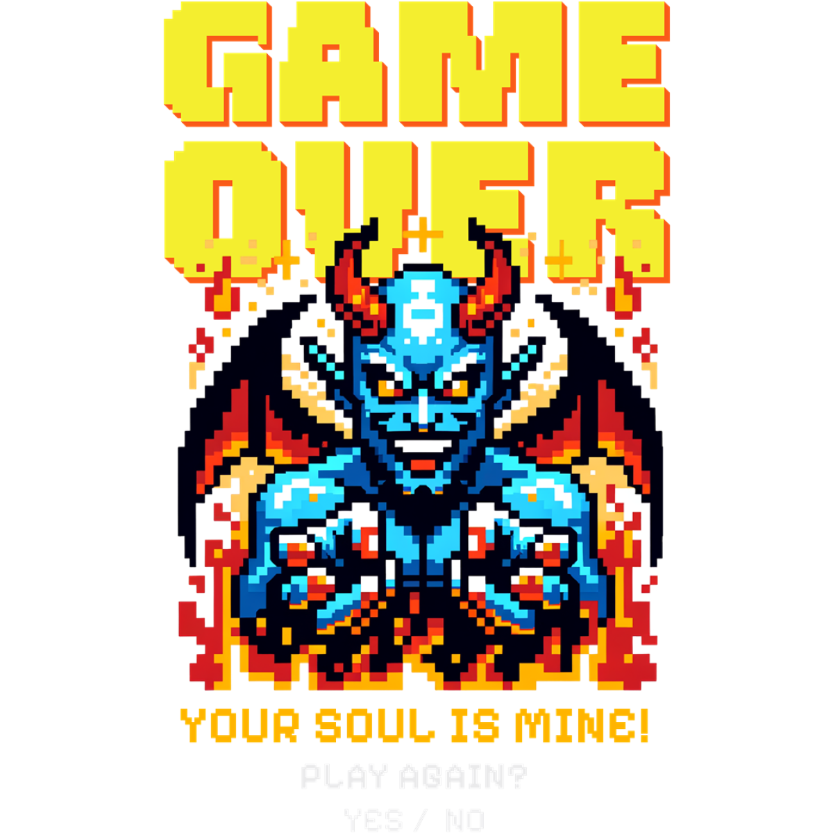 Game Over Démon bleu ailes cornes flamme pixel art