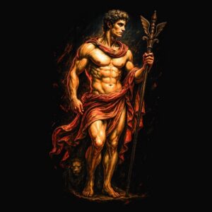 Guerrier antique avec lance et lion