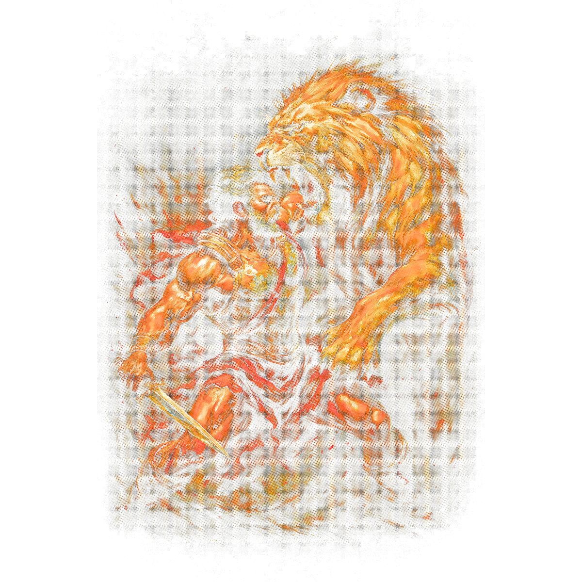 Guerrier épée affrontant lion rugissant