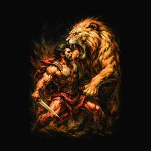 Guerrier épée affrontant lion rugissant