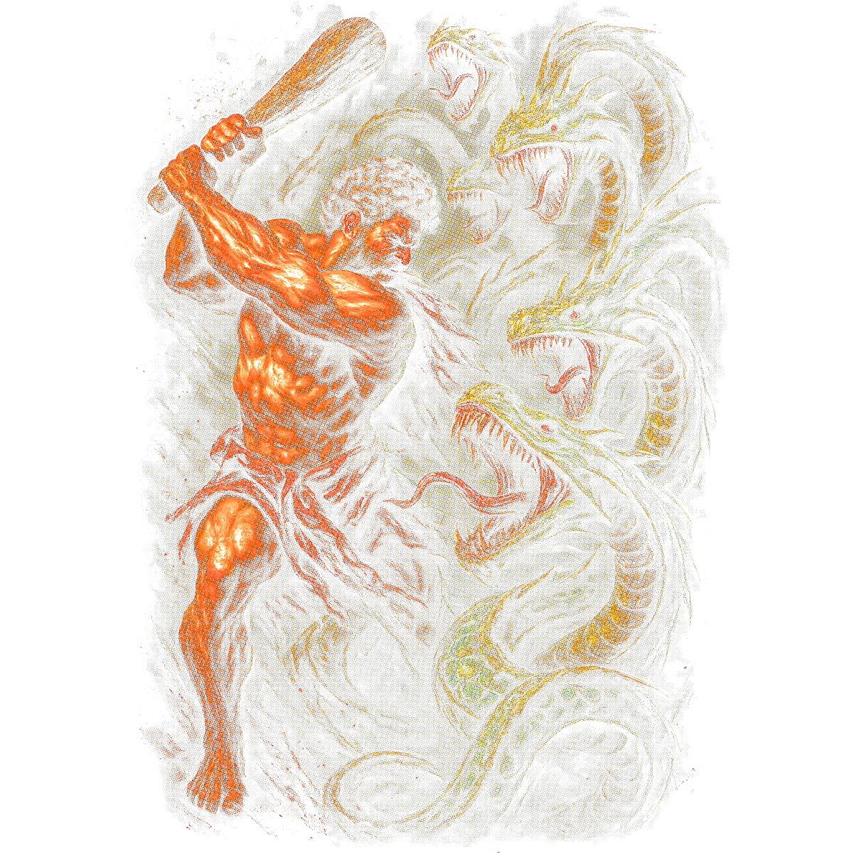Guerrier musclé combat serpents géants
