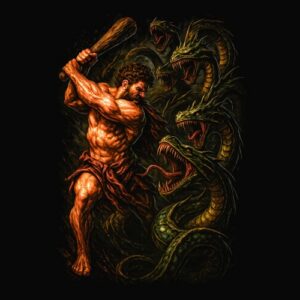 Guerrier musclé combat serpents géants