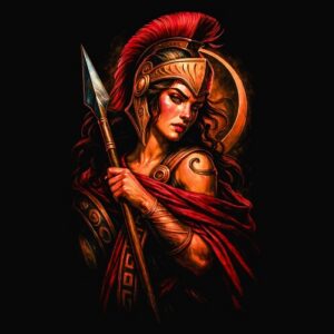 Guerrière antique casque lance rouge