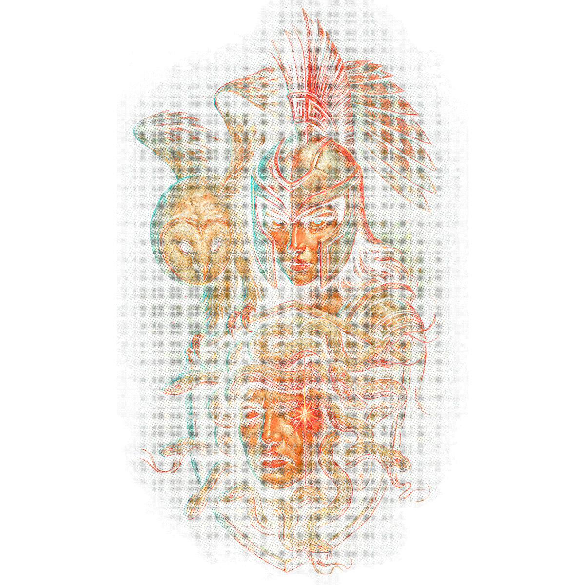 Guerrière casque ailes chouette Méduse serpents