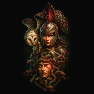 Guerrière casque ailes chouette Méduse serpents