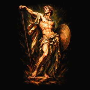 Héros antique torse nu drapé armé