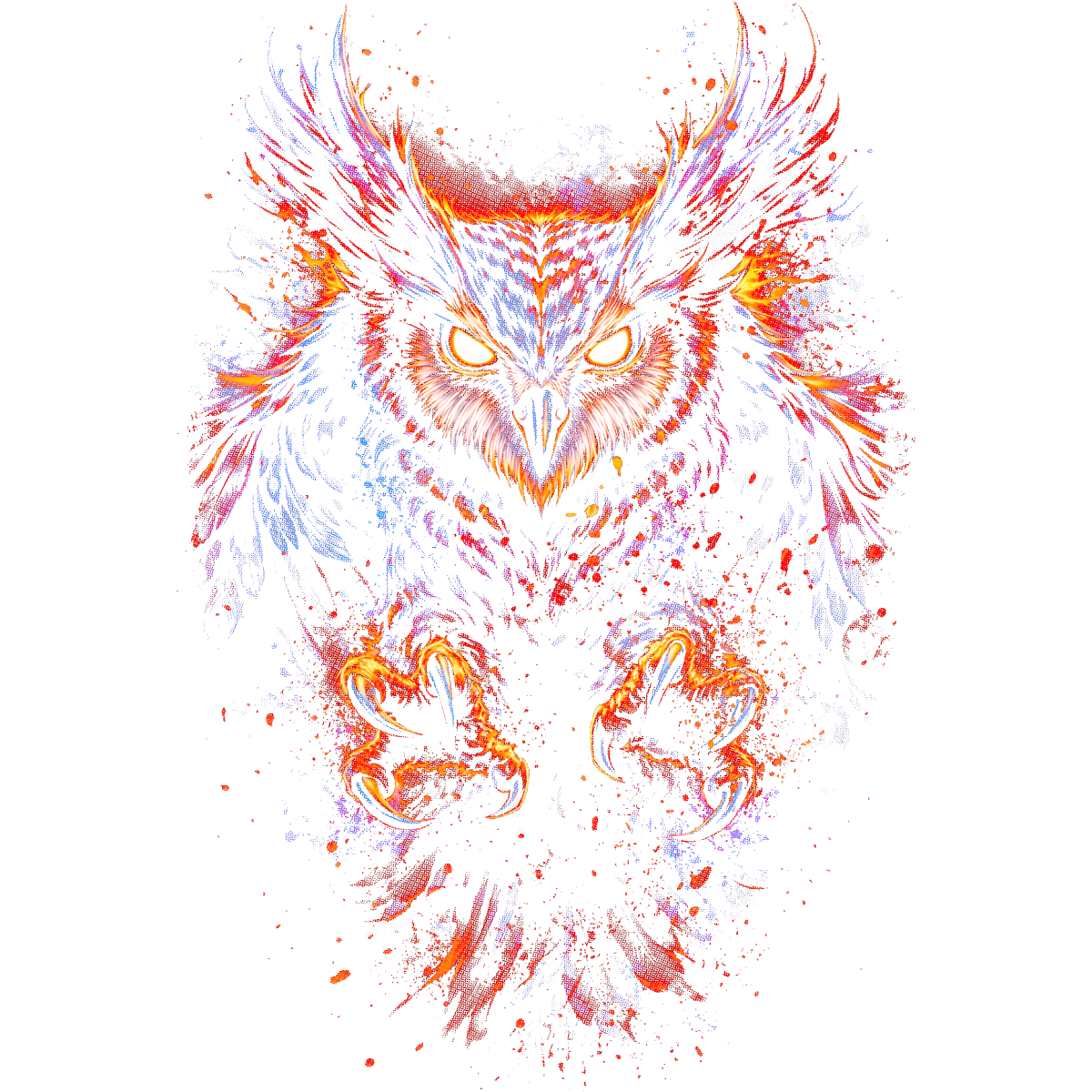 Hibou agressif ailes déployées griffes tendues