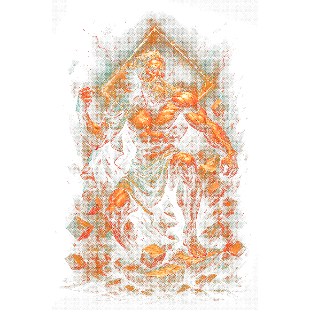 Homme barbu musclé sur cube flottant