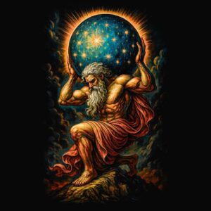 Homme barbu portant globe étoilé