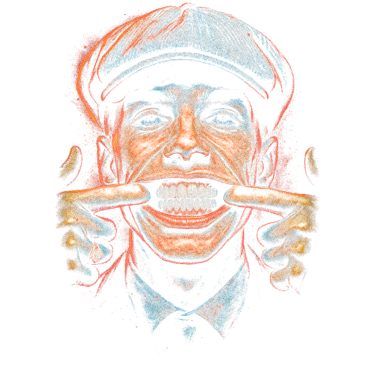 Homme casquette sourire exagéré doigts