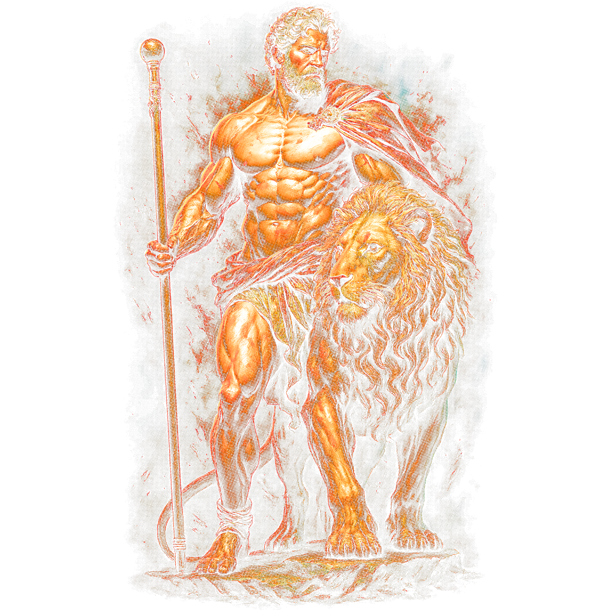 Homme musclé avec lion bâtoncape