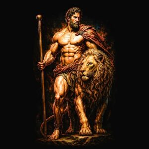 Homme musclé avec lion bâtoncape