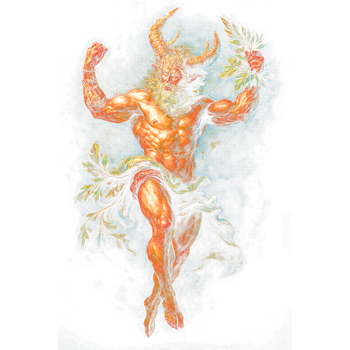 Homme musclé barbu avec cornes et feuilles