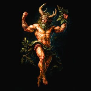 Homme musclé barbu avec cornes et feuilles