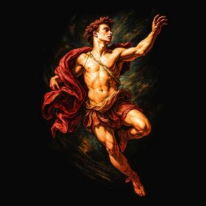 Homme musclé drapé en mouvement aérien