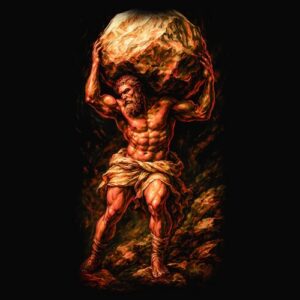 Homme musclé portant rocher brûlant