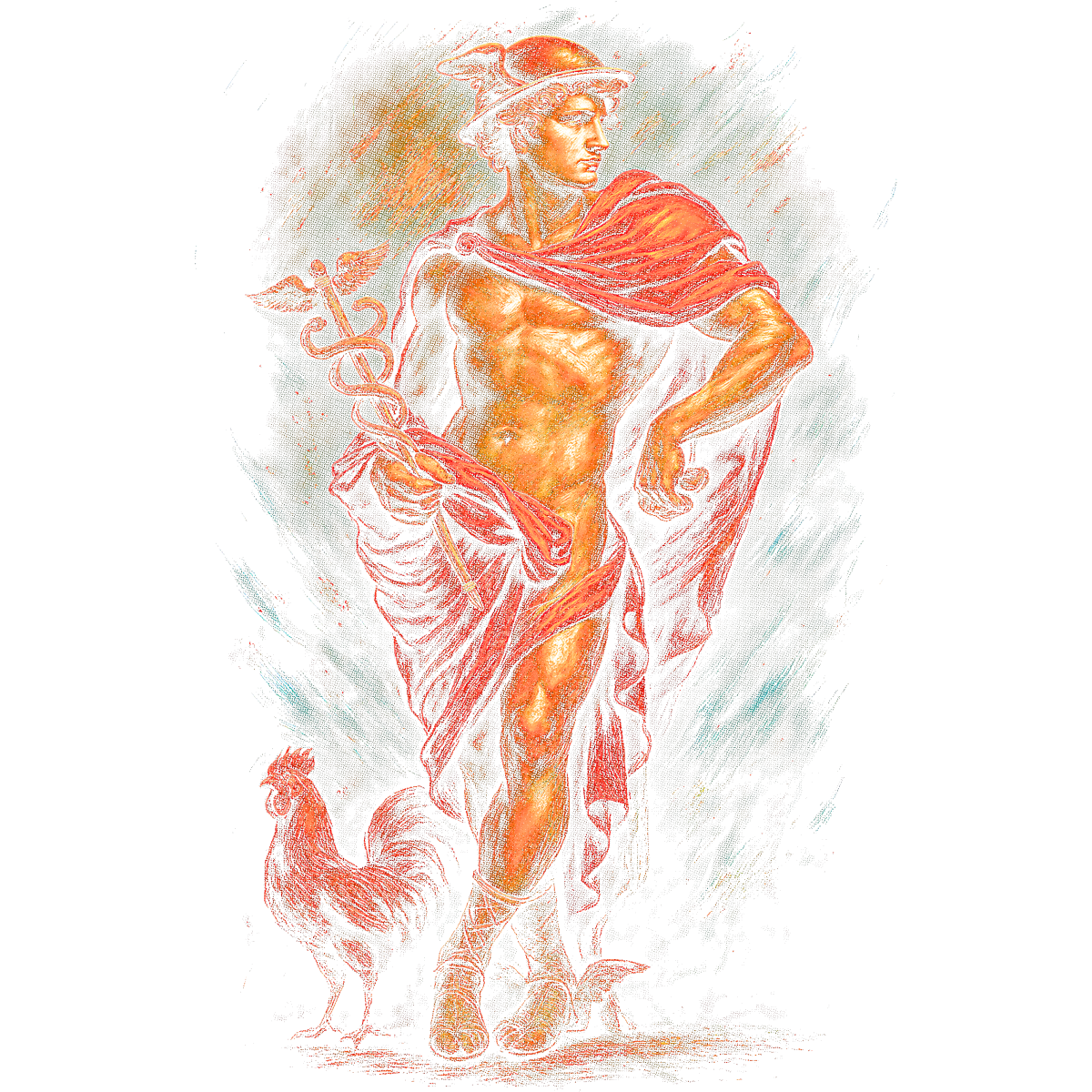 Homme nu mythologique au coq rouge