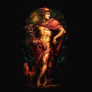 Homme nu mythologique au coq rouge
