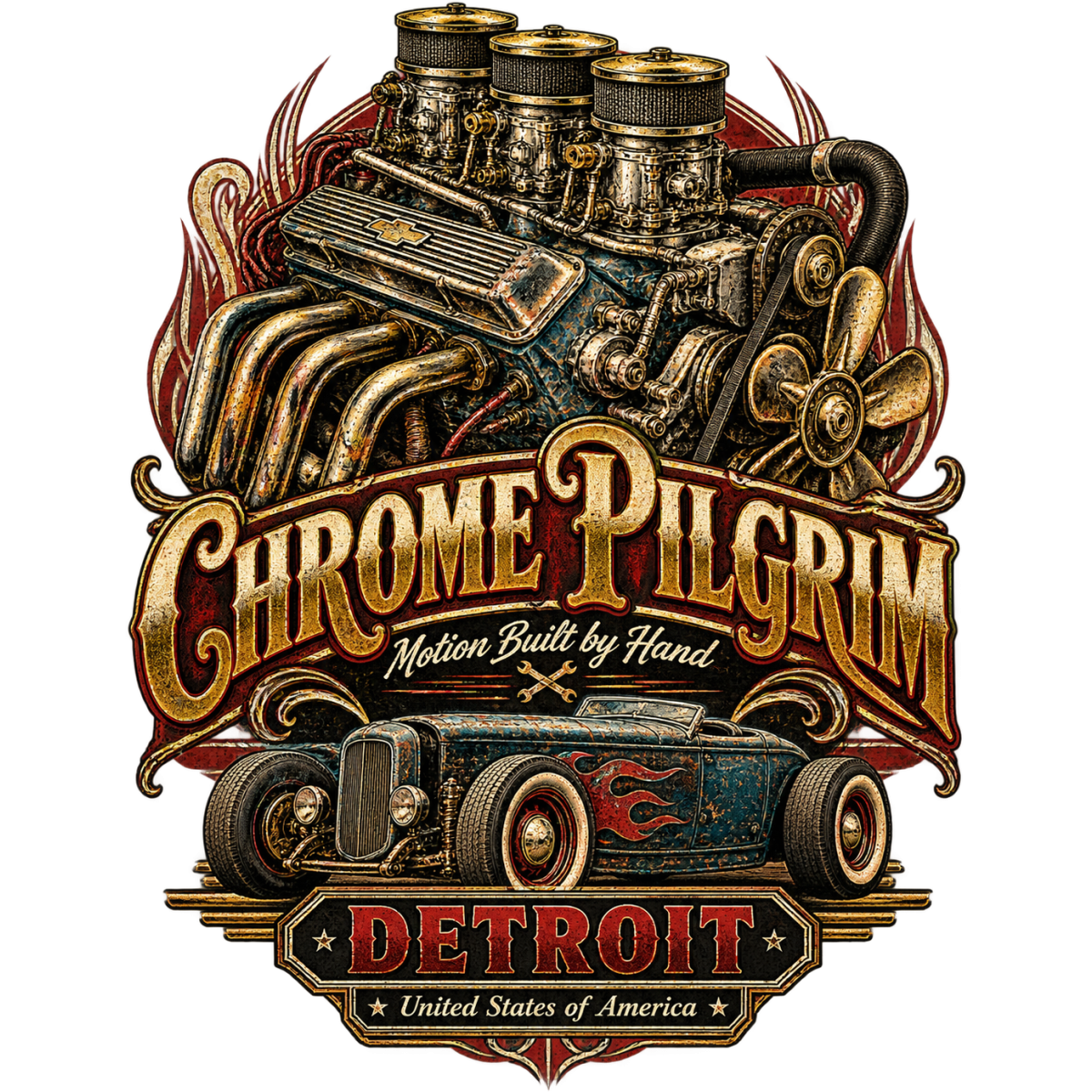 Hotrod Chrome Pilgrim Detroit Engine