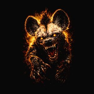 Hyène féroce yeux enflammés griffes rugissement