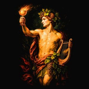 Jeune homme couronne vigne lyre flamme toast