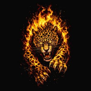 Léopard féroce flammes rugissant agressif