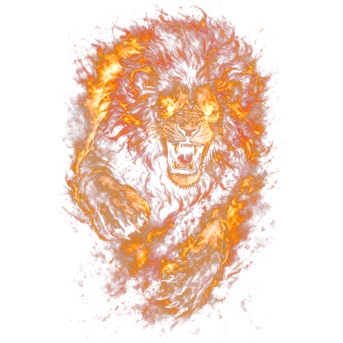 Lion rugissant crinière et yeux en flammes
