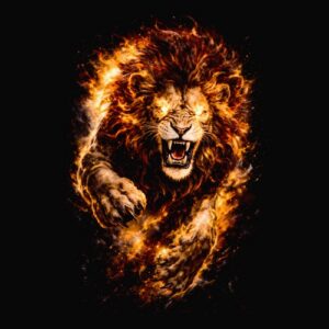 Lion rugissant crinière et yeux en flammes