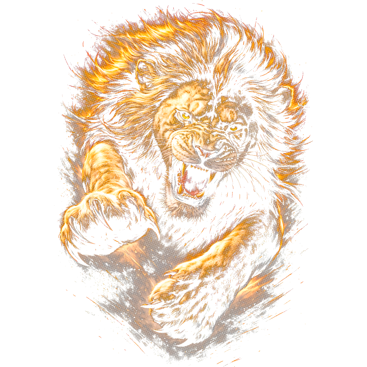 Lion rugissant griffes sorties feux