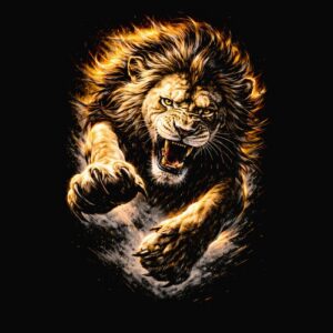 Lion rugissant griffes sorties feux
