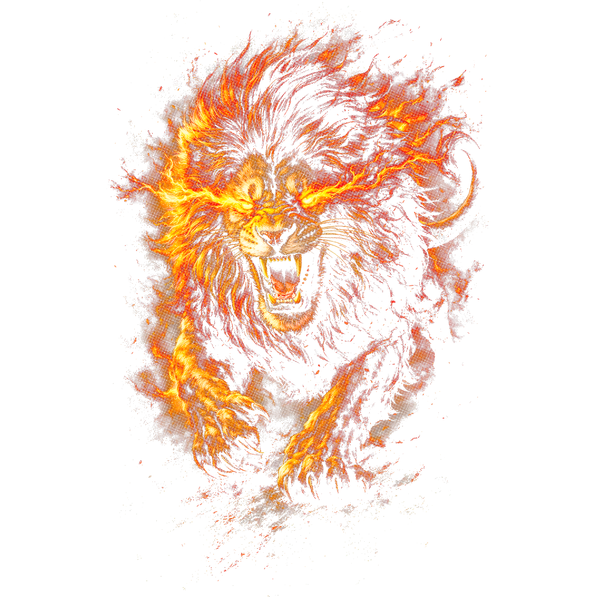 Lion rugissant yeux flammes ardentes