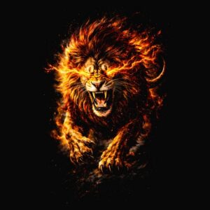 Lion rugissant yeux flammes ardentes
