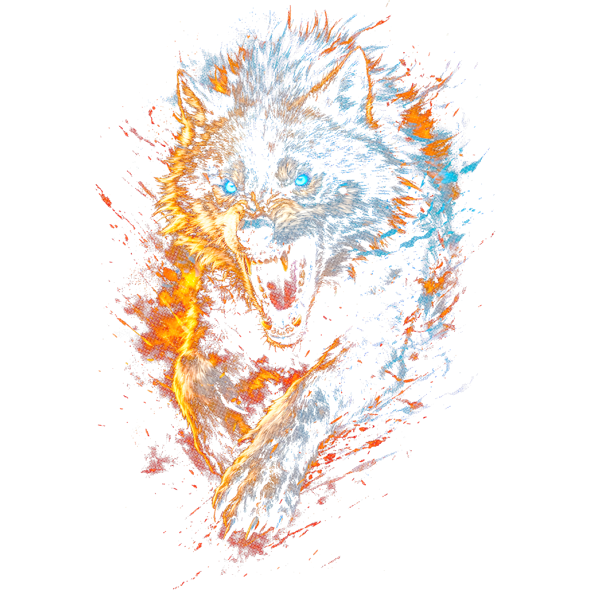 Loup féroce yeux bleus feu crachant