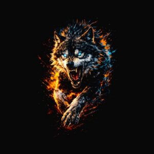 Loup féroce yeux bleus feu crachant