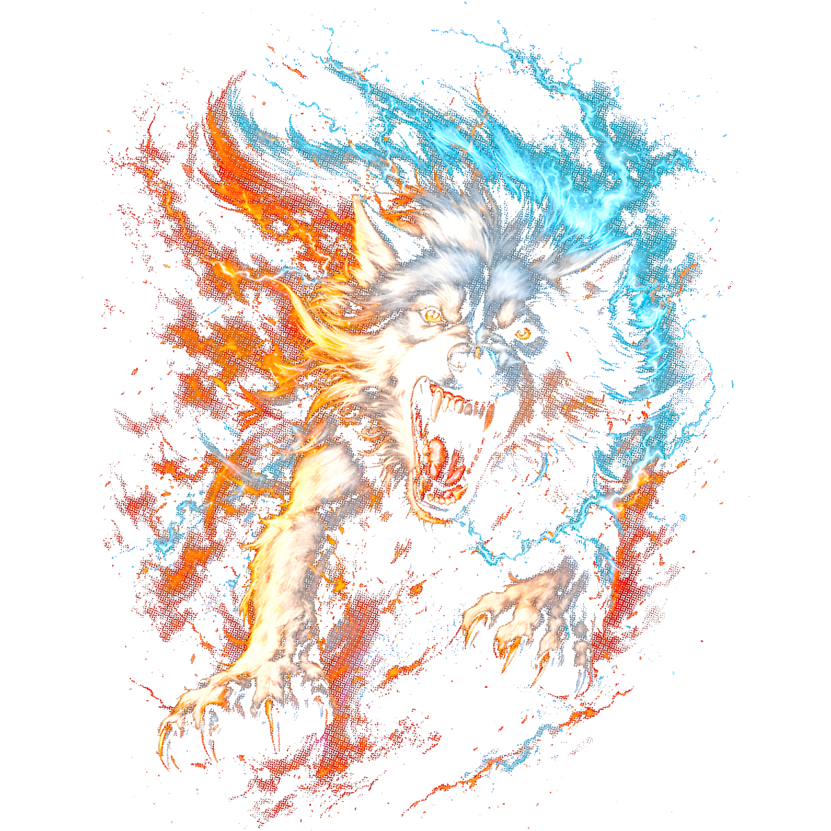 Loup rugissant flammes feu glace bleu rouge