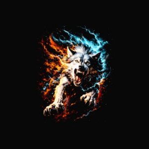 Loup rugissant flammes feu glace bleu rouge