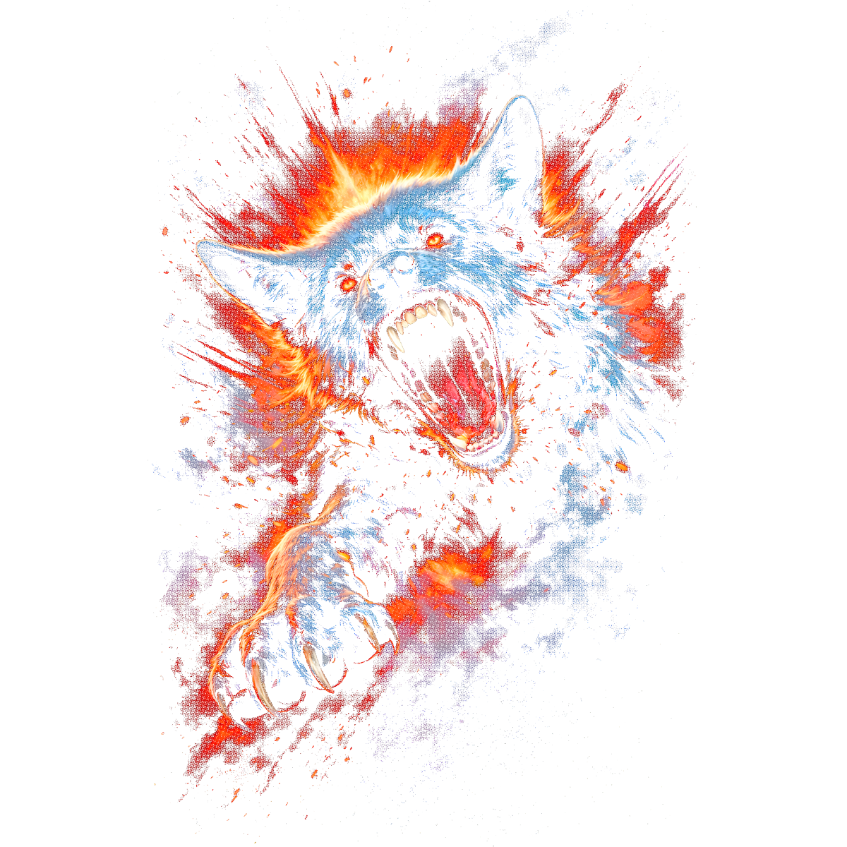 Loup rugissant griffes en avant feu
