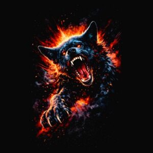 Loup rugissant griffes en avant feu