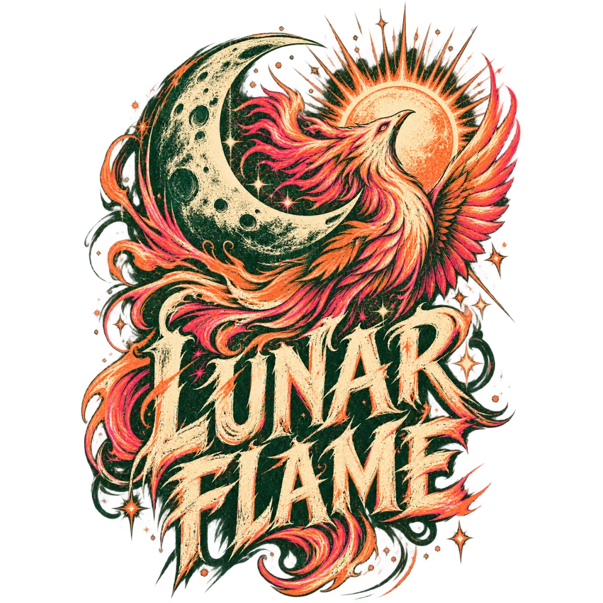 Lunar Flame Phénix feu lune soleil étoiles flammes