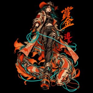 Manga cowboy stylisée avec carpe koi