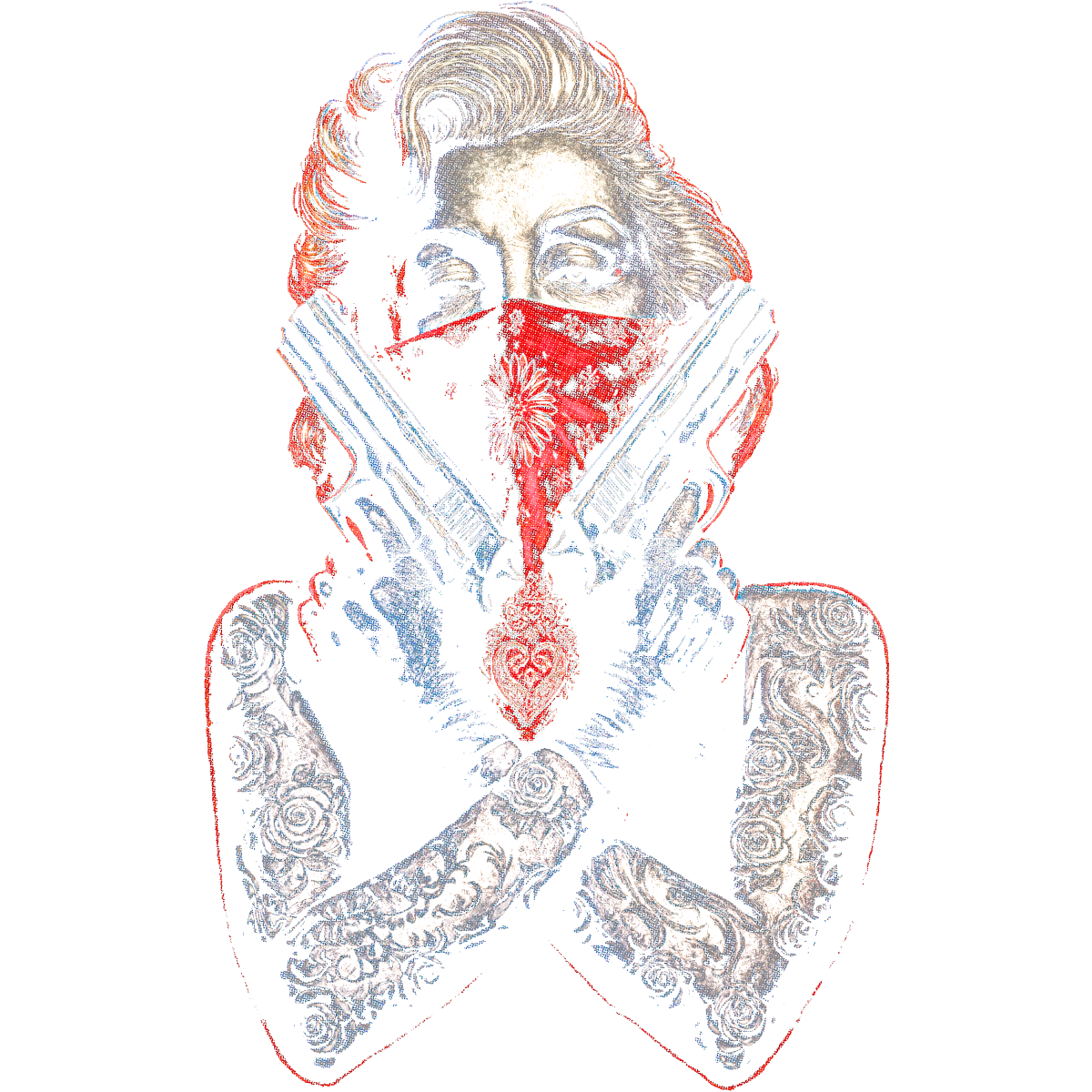 Marylin tatouée manchettes bandana pistolets croisés