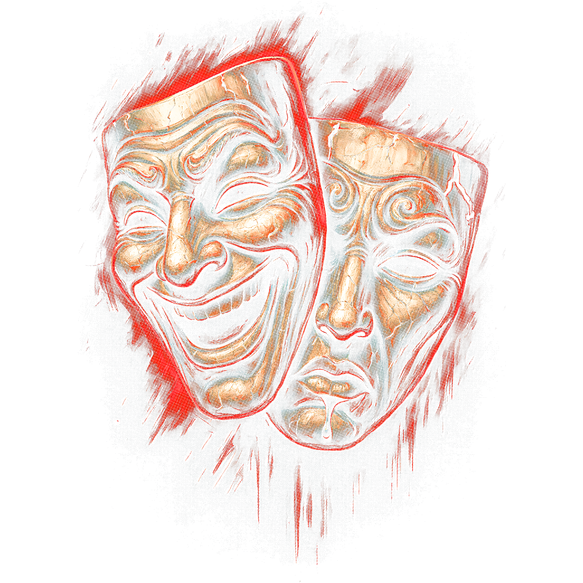 Masques de théâtre souriant et triste rouge