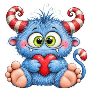 Monstre bleu mignon tenant coeur rouge