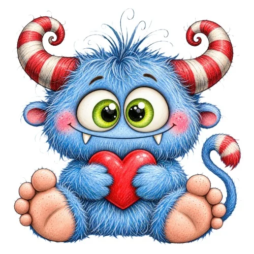 Monstre bleu mignon tenant coeur rouge